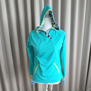 Title Nine Teal Hooded Swim Coverup with Yellow Accents